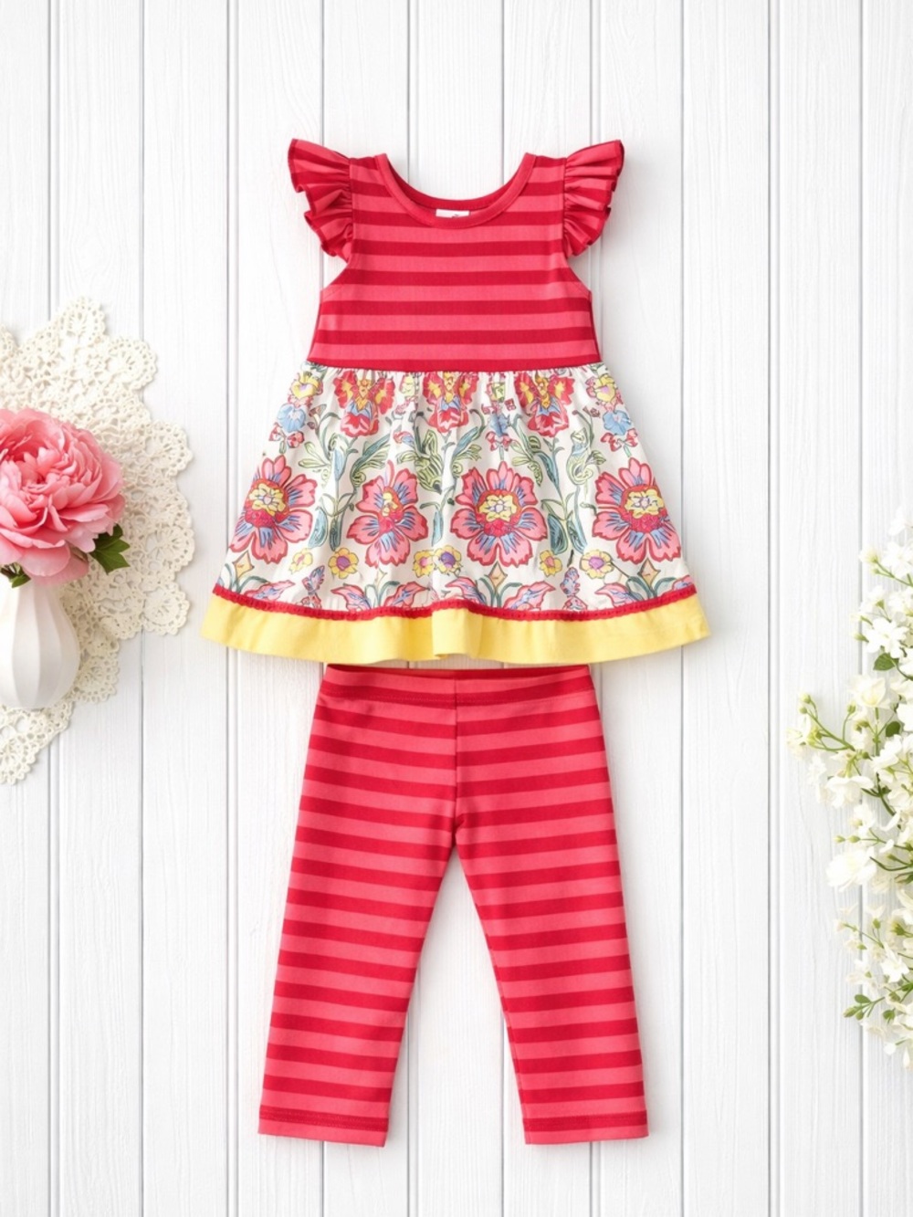 Persnickety floral outfit set tunic top leggings red yellow size 18-24 months